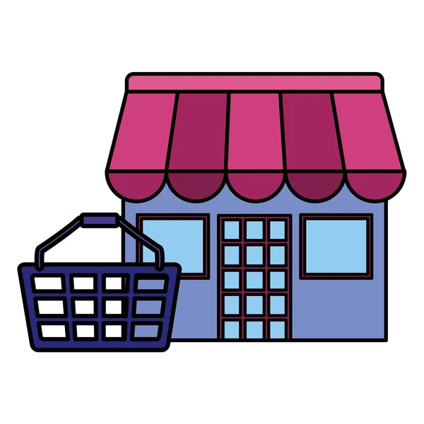 Cesta de la compra con edificio tienda — Vector de stock