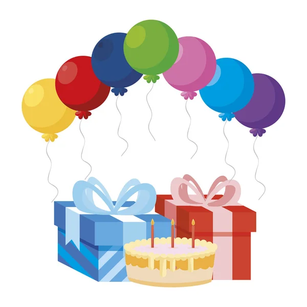 Regalo caja regalo con globos helio y pastel dulce — Vector de stock