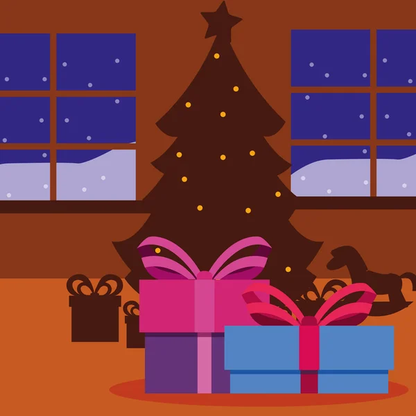 Arbre de Noël et coffrets cadeaux dans la maison — Image vectorielle