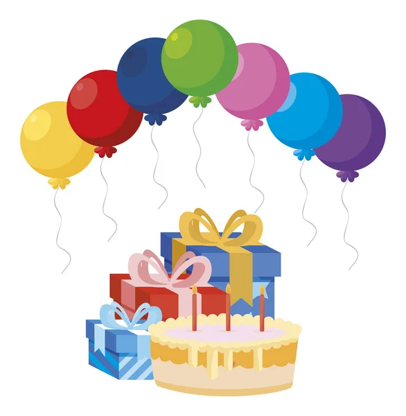Regalo caja regalo con globos helio y pastel dulce — Vector de stock