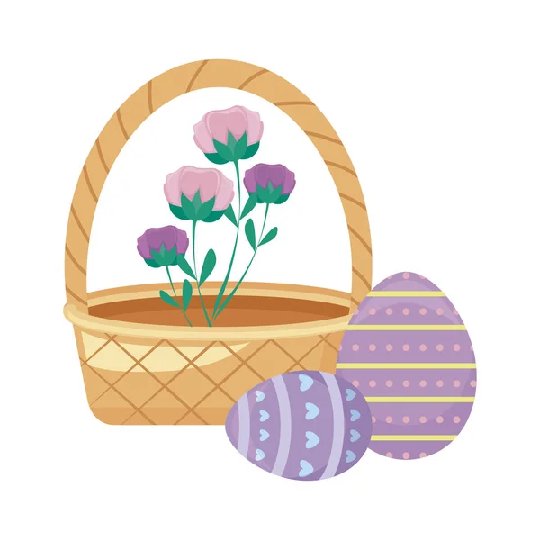 Canasta de mimbre con huevos de Pascua y flores — Vector de stock