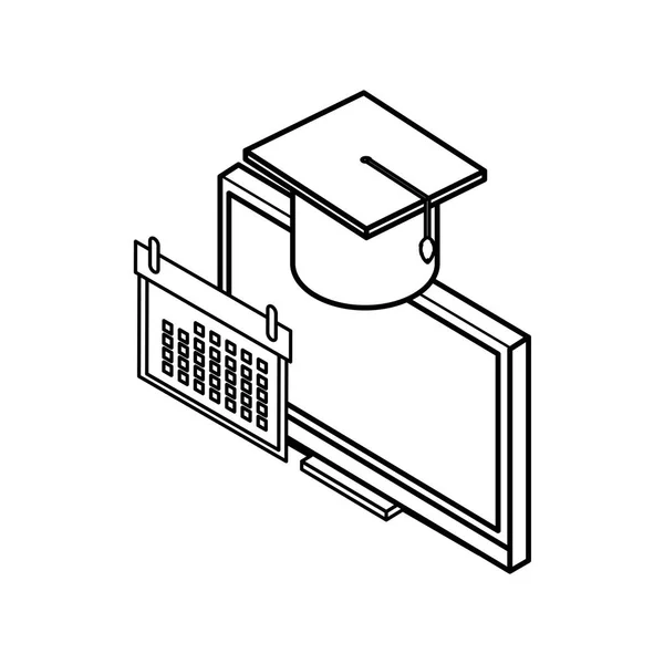 Computador desktop com formatura chapéu — Vetor de Stock