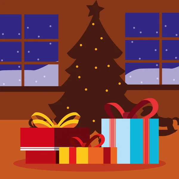 Kerstboom en geschenkverpakkingen in het huis — Stockvector