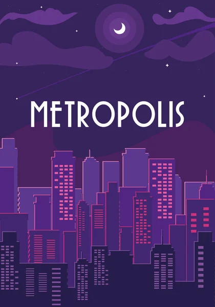 Metrópolis edificios de paisaje urbano con cielo púrpura — Archivo Imágenes Vectoriales