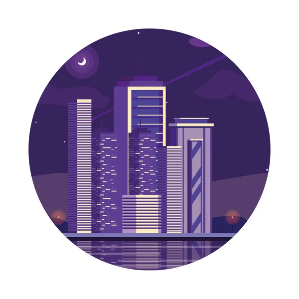 Edifícios cityscape com céu roxo em quadro circular — Vetor de Stock