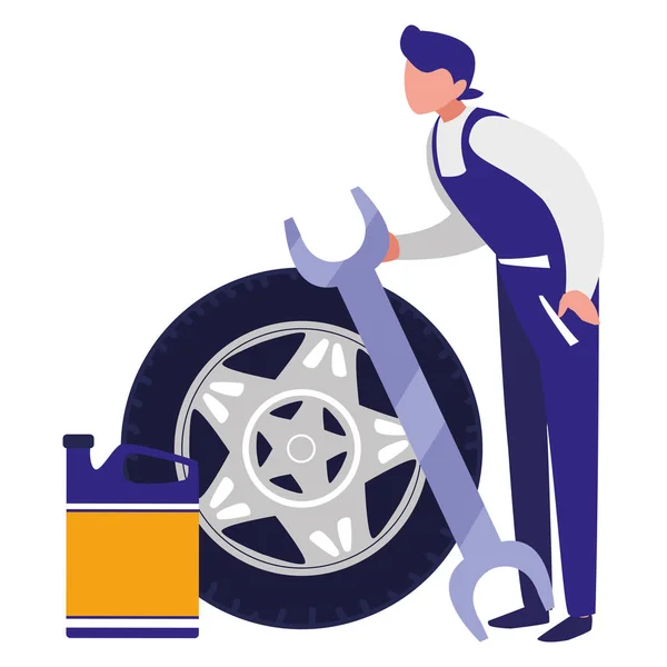 Trabalhador mecânico com carro de pneu e galão de óleo — Vetor de Stock