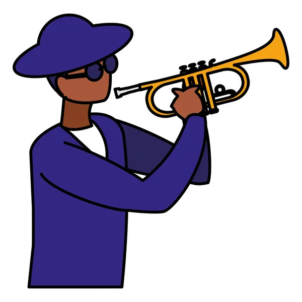 Jazz musicista nero con cappello e occhiali da sole che suonano la tromba — Vettoriale Stock
