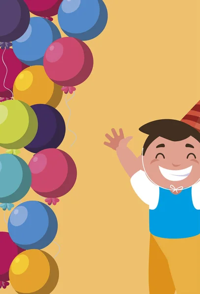 Menino feliz bonito com balões de aniversário hélio —  Vetores de Stock