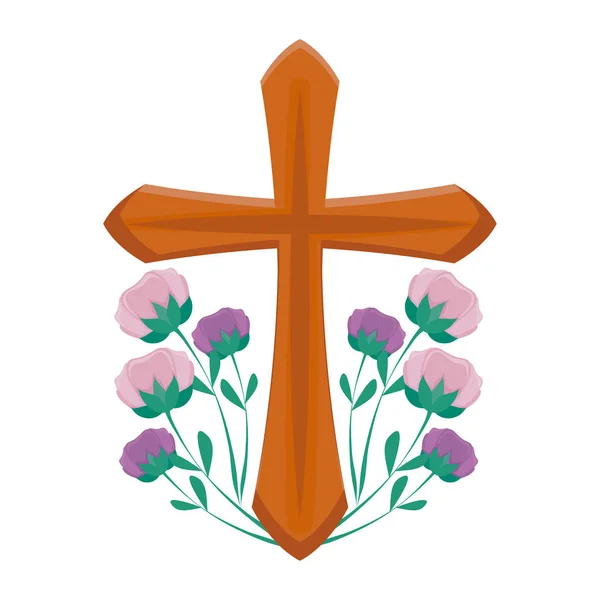 Kruis katholieke met bloemen geïsoleerde pictogram — Stockvector