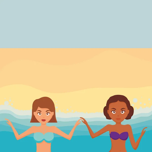 Hermosas mujeres con trajes de baño en la playa — Vector de stock