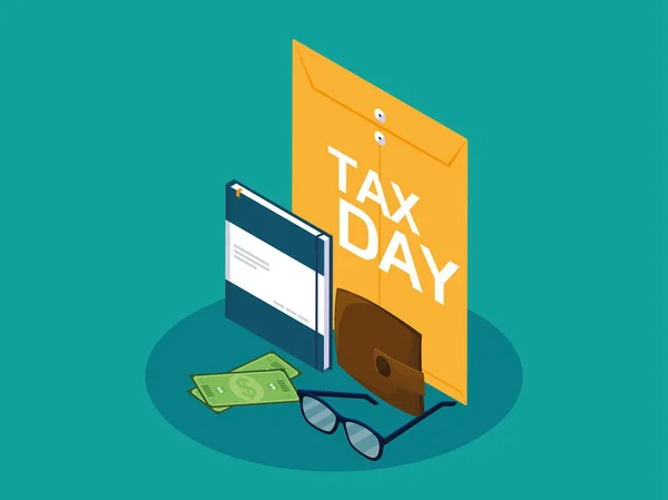 Día de impuestos con manila sobre e iconos de negocios — Archivo Imágenes Vectoriales