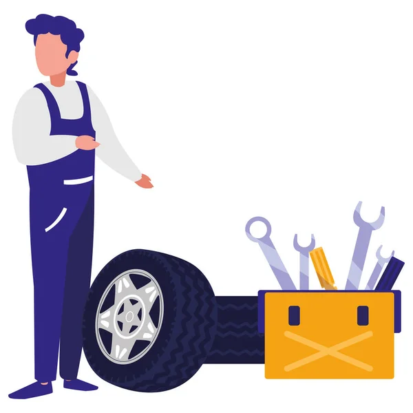 Trabajador mecánico con neumático coche y caja de herramientas — Vector de stock