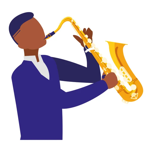 Zwarte musicus jazz spelen saxofoon karakter — Stockvector