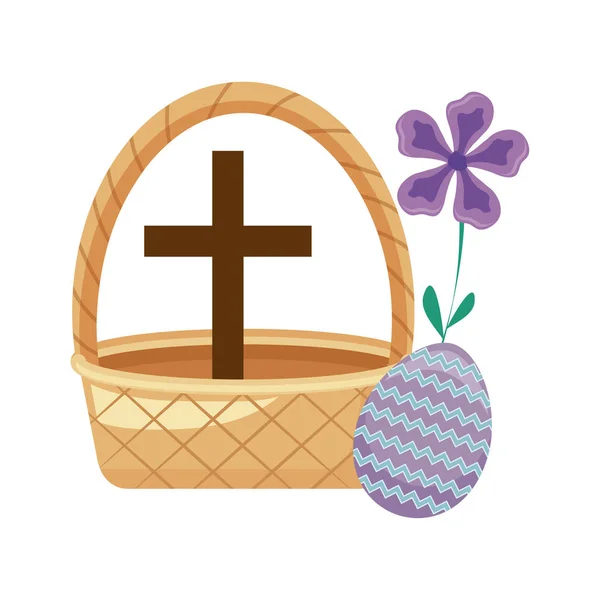 Cross catholic in basket wicker with egg easter — Stock Vector
