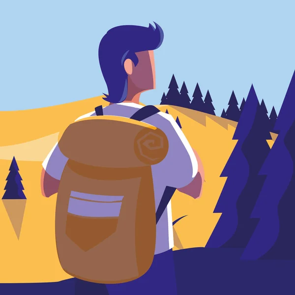 Joven en escena de paisaje forestal — Vector de stock