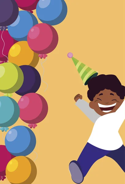 Lindo feliz negro chico con cumpleaños globos helio — Vector de stock