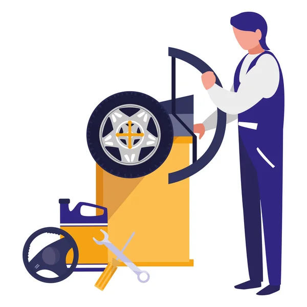 Mechanic worker with tire changer machine — Stock Vector