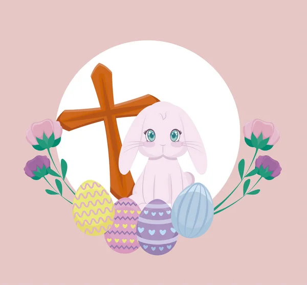 Ładny królik z jaja wielkanocne i krzyża katolickiego — Wektor stockowy