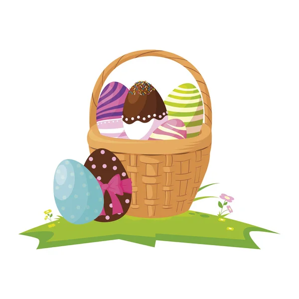 Oeufs de Pâques heureux peints dans le panier — Image vectorielle