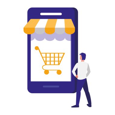 alışveriş sepeti ile akıllı telefon kullanan genç adam