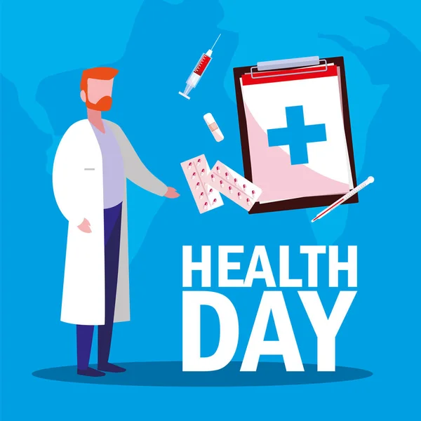 Tarjeta del día de la salud mundial con el hombre médico y los iconos — Vector de stock