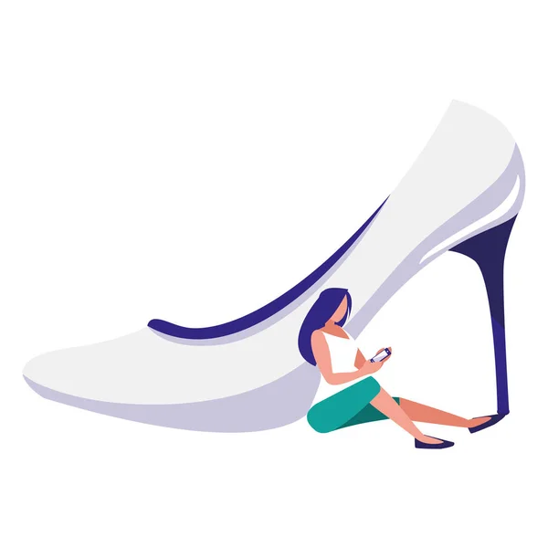 Mujer usando smartphone con zapato de tacón — Vector de stock