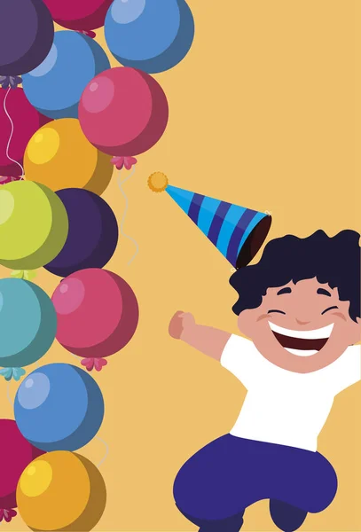 Lindo feliz chico con cumpleaños globos helio — Vector de stock