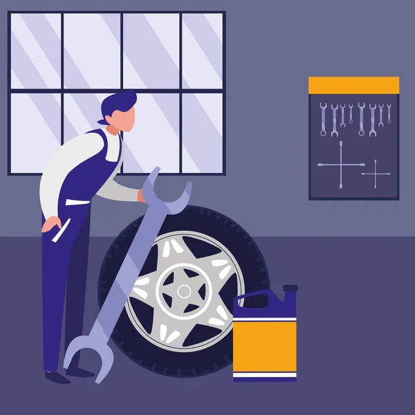 Trabalhador mecânico com carro de pneu e galão de óleo — Vetor de Stock