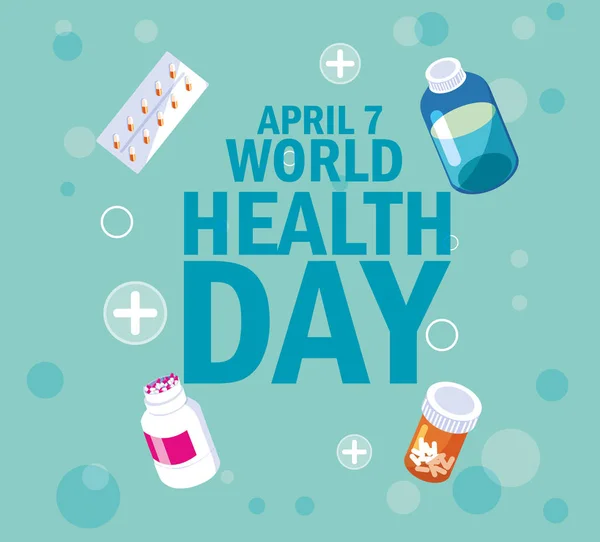 Всесвітній день здоров'я листівка з пляшками та ліками — стоковий вектор