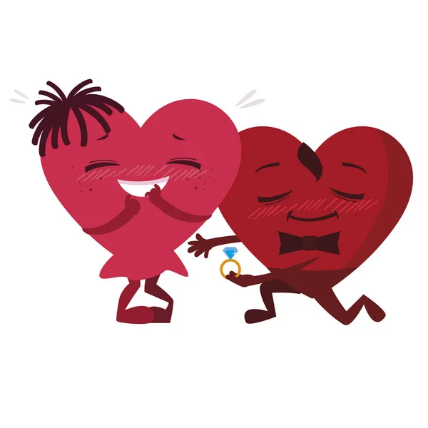 Paar Herzen mit Verlobungsring kawaii Zeichen — Stockvektor