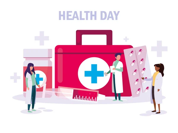 Cartão de dia de saúde mundial com grupo de médicos e ícones —  Vetores de Stock