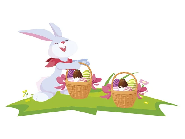 Pâques lapin mignon avec des œufs peints dans le panier — Image vectorielle
