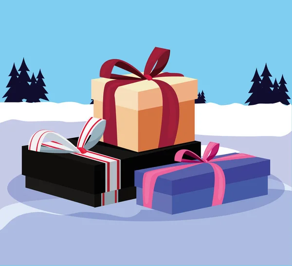 Christmas gift boxes in the winter landscape — Stock Vector