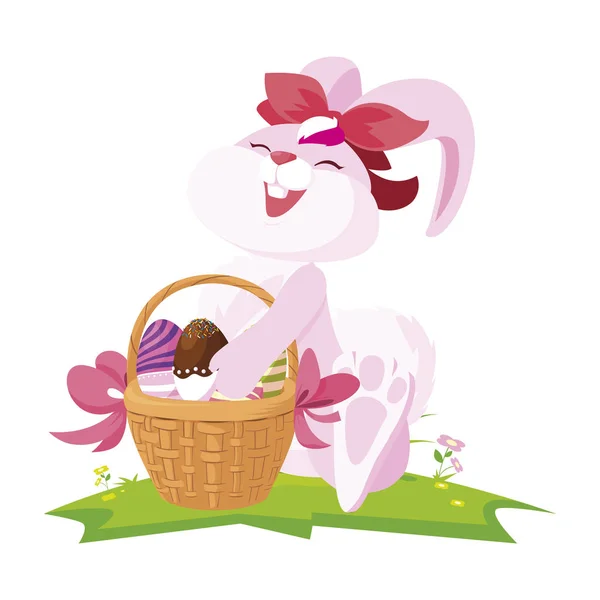 Bonito coelho páscoa fêmea com ovos pintados em cesta — Vetor de Stock