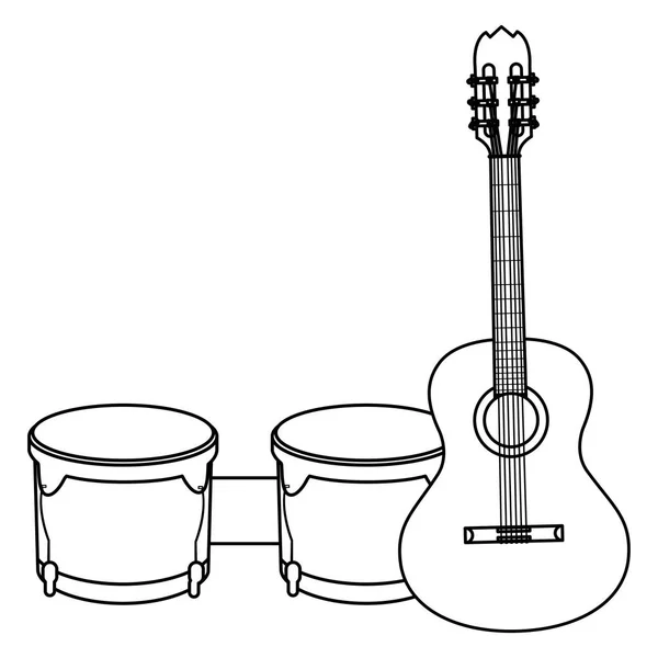 Instrumentos de guitarra y timbales musicales — Vector de stock