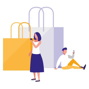 Smartphone ile alışveriş torbaları kullanılarak Çift