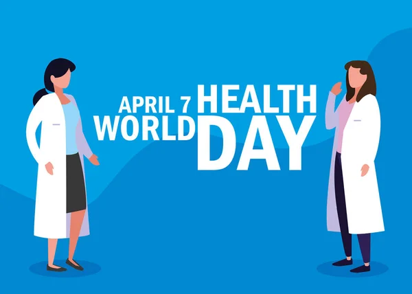 Cartão de dia de saúde mundial com médicos mulheres —  Vetores de Stock