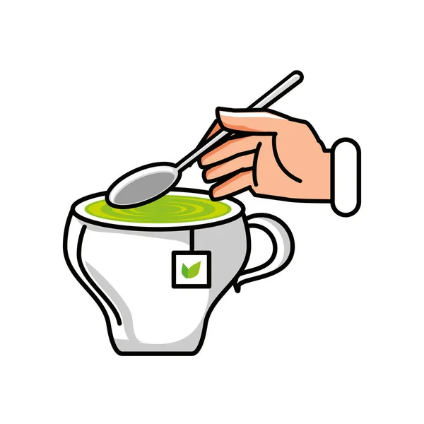 Tazza di tè con mano e cucchiaio — Vettoriale Stock