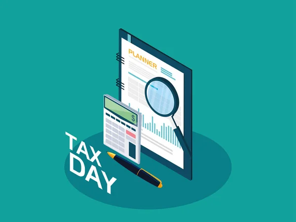 Día de impuestos con planificador e iconos de negocios — Archivo Imágenes Vectoriales
