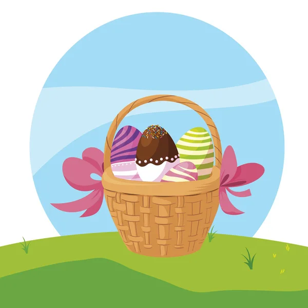 Heureux oeufs de Pâques peints dans le panier — Image vectorielle