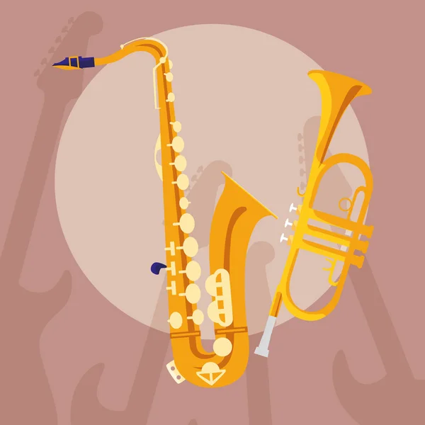 Saxofon och trumpet instrument musikaliska — Stock vektor
