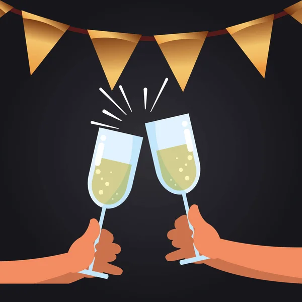 Mãos segurando copos de champanhe celebração —  Vetores de Stock
