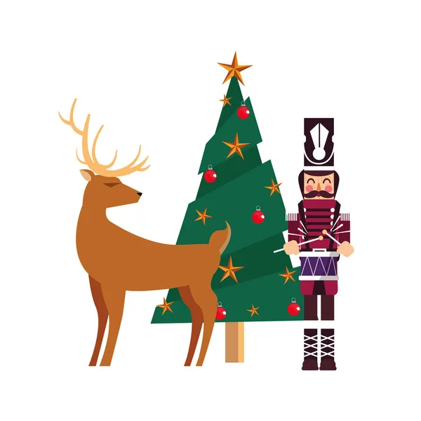 Karácsonyfa Diótörő és rénszarvas — Stock Vector