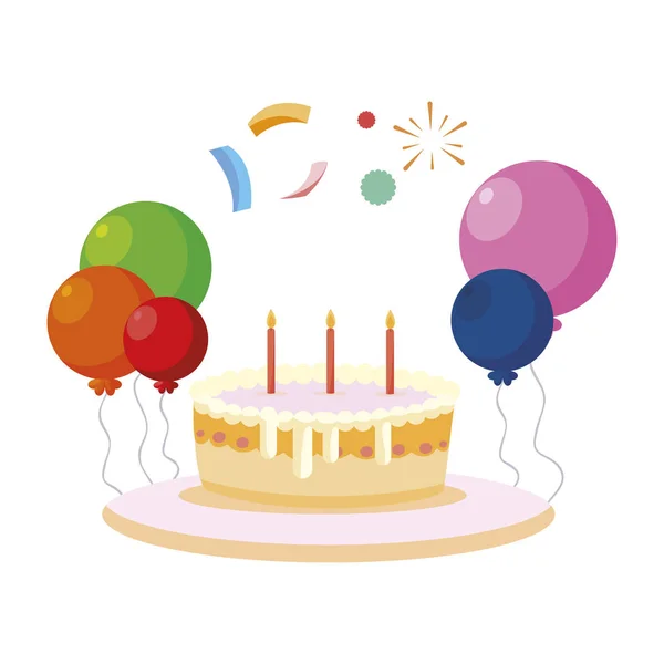 Сладкий торт день рождения с воздушными шарами гелия — стоковый вектор