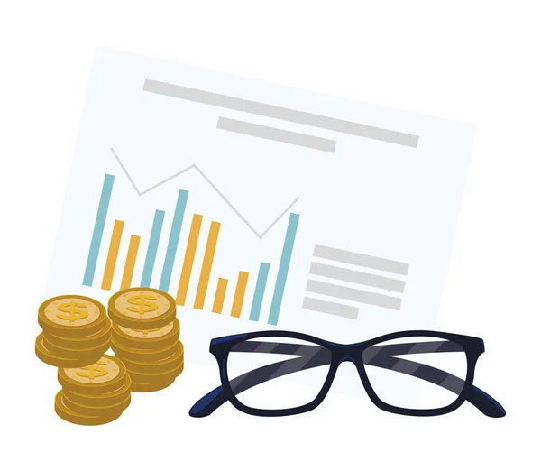 Mince, peníze, dokumenty a brýle — Stockový vektor