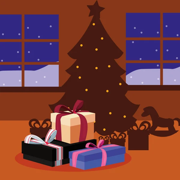圣诞树和礼品盒在房子里 — 图库矢量图片