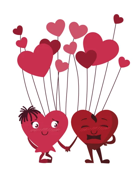 Pareja corazones con globos helio kawaii caracteres — Vector de stock