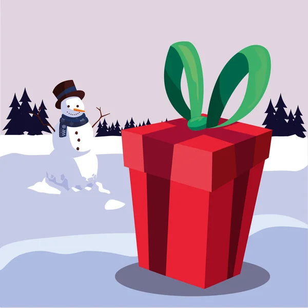 Christmas snowman with gift — Stock Vector