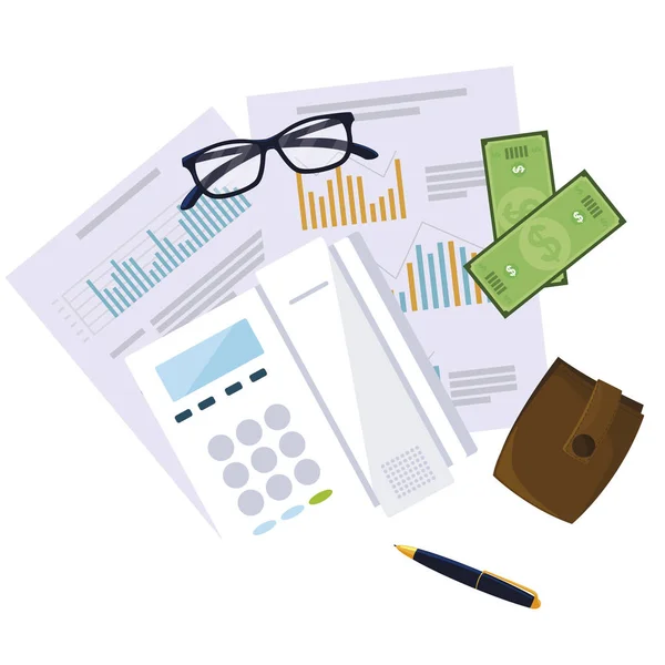 Kancelářské potřeby a finanční dokumenty — Stock vektor