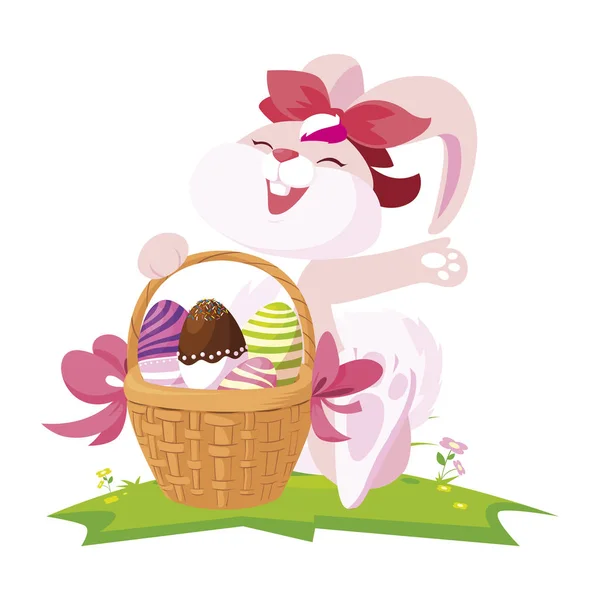 Cute rabbit easter female with eggs painted in basket — Stock Vector